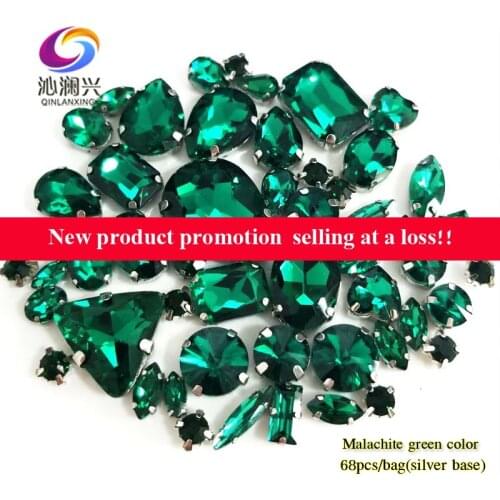 Factory sales Malachite green mix size top glass crystal sew on stones,mix shape rhinestones for diy/Clothing accessorie 68pcs