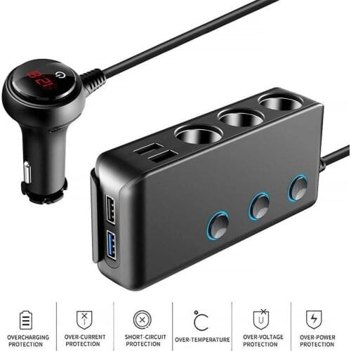 12-24V 120W 3-Socket Cigarette Lighter Socket Splitter QC3.0 + 3-Port USB Car Charger With On-Off Switch LED Display