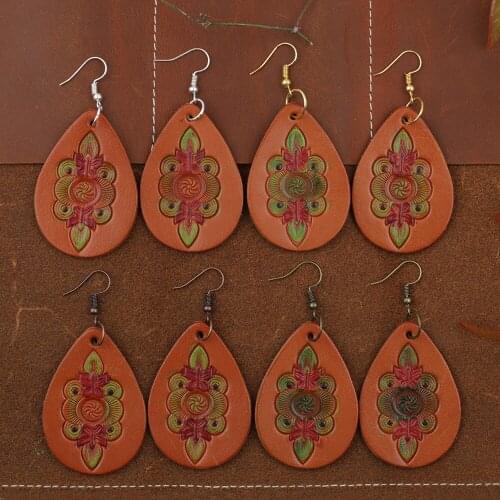 High Quality Genuine Leather Women Earring Handmade Carving Water Drop Earrings Ladies Punk Style Jewelry Wholesale