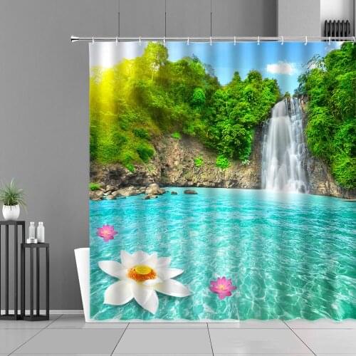 Green Forest Waterfall Water Landscape Shower Curtains Spring Scenery Pink Lotus Flower Bathroom Curtain Home Decor Bath Screen