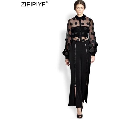 2021 Summer Runway Fashion Sexy Women See Through Long Sleeve Dot Decorated Blouse High Waist Black Srtee Zipper Slit Pants Z416