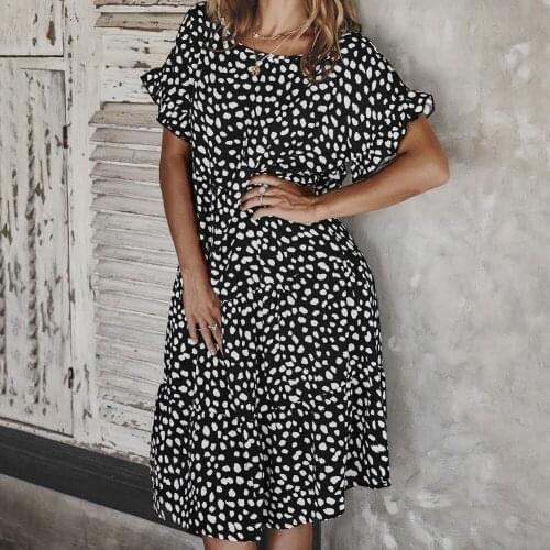 Womens Wave Dot Dress Short Sleeve Round Neck Loose Swing Party Dress for Spring Summer TT@88