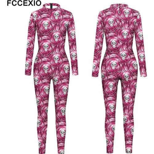 FCCEXIO The Devil with Long Pink Hair Pattern 3D Print Sexy Bodysuits Women Plus Size Long Sleeve Cosplay New Jumpsuit