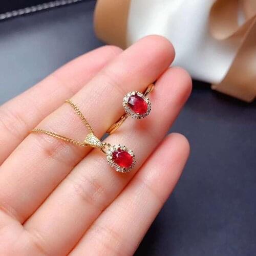 Natural Ruby Stone Ring Pendant Necklace Set 925 Silver Red Gem Fine Fashion Charming Wedding Jewelry for Women Free Shipping