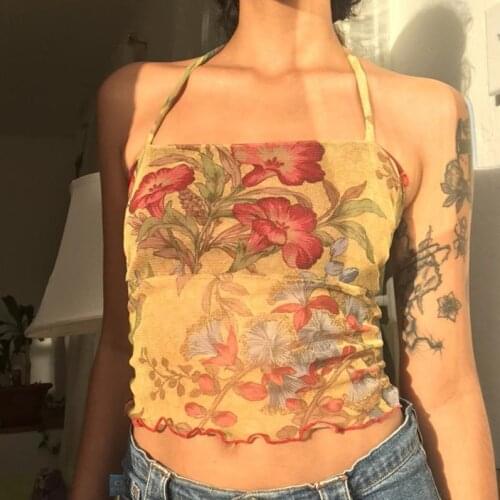Women’s Summer Sexy Halter Cami Top Fashion Floral Printing Slim Fit Tanks Sleeveless Mesh Sheer Flower Basic Camis Crop Top