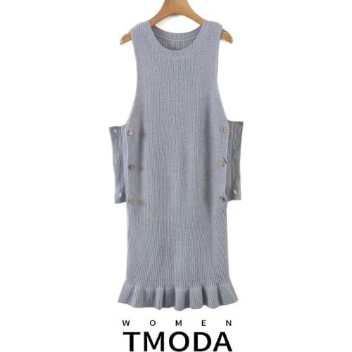 TMODA1915 2021 Women Sexy Backless Grey Sleeveless Sweaters Mini Dress Ladies Botton Waist Knitted Pullovers Dresses Female