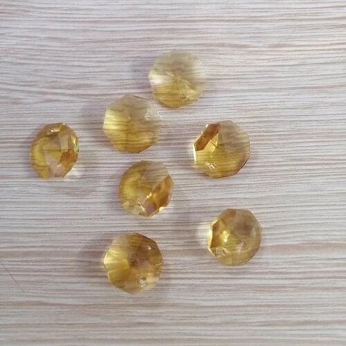 Camal 20pcs (One Hole) Gold Yellow 14mm Crystal Octagonal Loose Bead Prisms Chandelier Lamp Parts Wedding Centerpiece Hanging