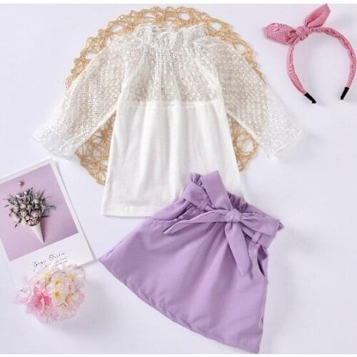 2020 Princess 0-6Y Toddler Baby Girl Clothing Dot Lace Long Sleeve Blouse+Purple A-Line Skirt With Belt 2pcs Kids Outfits Set