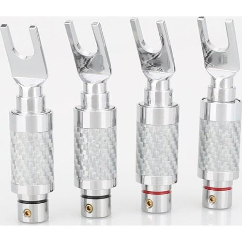 4x Rhodium Carbon Fiber Spade Plug Speaker Cable Copper Connector HiFi
