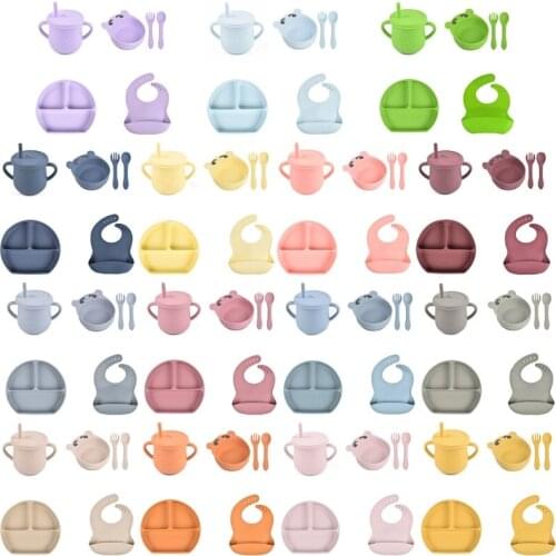 F1CB 6 Pcs Baby Silicone Bib Divided Dinner Plate Sucker Bowl Spoon Fork Straw Cup Set Training Feeding Food Utensil Dishes