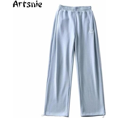 Artsnie Spring 2021 Smile Embroidery Wide Leg Pants Women Streetwear Blue Casual Trousers Knitted Ladies Long Pants Sweatpants