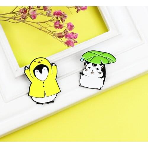 Penguin In Raincoat Playing Small Animal Enamel Pin With Lotus Leaf Umbrella Cartoon Cute Doll Alloy Metal Badge Childrens Gift