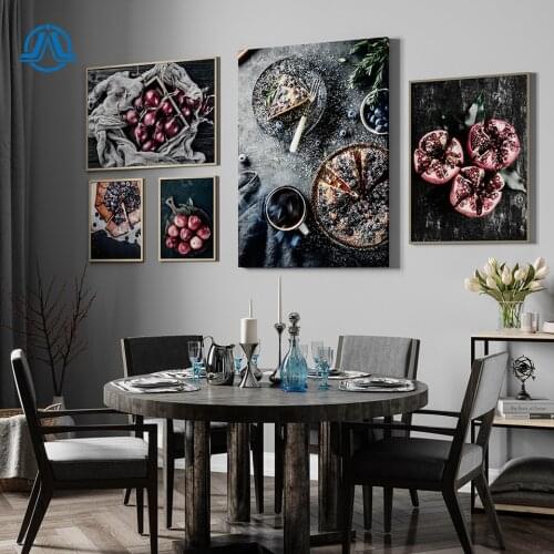 Food Kitchen Poster Wall Art Canvas Print Blueberry Pie Pomegranate Apple Painting Decorative Picture Modern Dining Room Decor