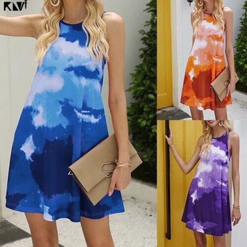 KLV Women Summer Sleeveless Loose A-Line Midi Tank Dress Gradient Tie-Dye Printed Pleated Flared Casual O-Neck Beach Sundress