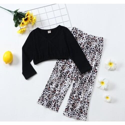 Spring Fall Fashion Kids Clothes Girls Clothing Sets 2 Pcs Sets Solid Long Sleeve V-neck Tops+leopard Print Pants Cotton 1-6Y