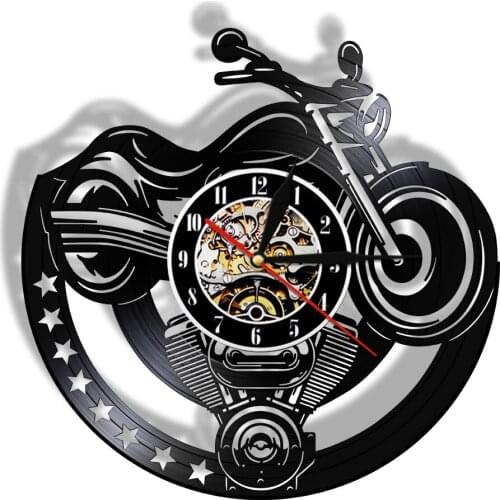 Motorcycle Vinyl Record Wall Clock Vintage Wall Clocks Modern Design For Living Room Decor LED Night Light Motorbikers Gift