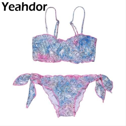 New Kids Girls Mermaid Fish Scale Print Swimwear Swimming Bathing Suit Hem Top Straps Self Tie Side Briefs Swimsuit Beachwear