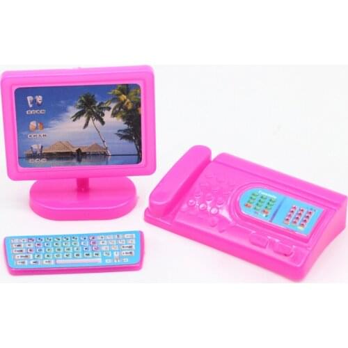 One Set Doll Accessories Fashion Mini Pink Imitation Computer +keyboard+ Fax Phone For Barbies Doll 1/12 Kelly Doll Office Toys