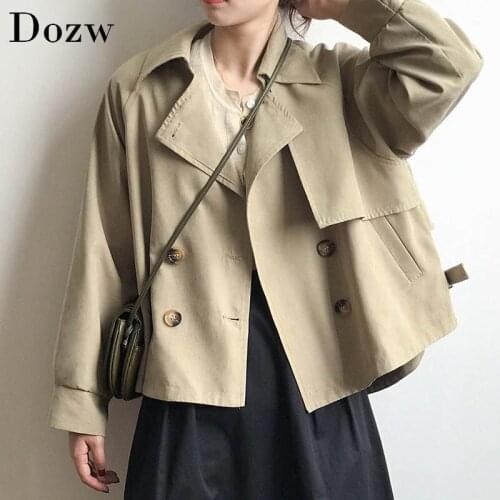Solid Batwing Long Sleeve Trench Coat Double Breasted Retro Trench Female Asymmetrical Hem Chic Coat Autumn Spring 2020