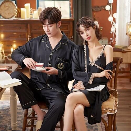 Summer Couple Kimono Pajamas Faux Silk Men Long Sleeve Pants Sleepwear And Women Embroidery Lace Trim Robes Sets
