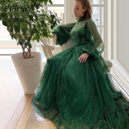 Elegant Dark Green Evening Dresses Long Sleeves Formal Celebrity Dresses Turkish Couture Girls Photography Gowns Robe De Soiree