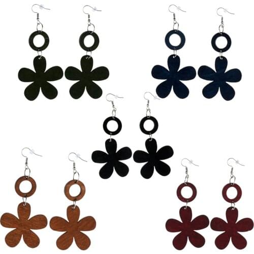 Cute Handmade Wooden Folwer Dangle Ethnic Earring Hollow Circle Long Earring