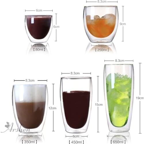 Arshen 80/250/350/450/650 ML Double Wall Shot Glass Clear Handmade Heat Resistant Tea Drink Cups Healthy Drink Mug Coffee Cup