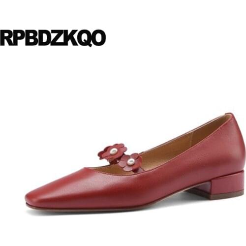 Women modern strap thick pearl japanese square toe flower wine red pumps ladies low heels shoes high mary jane girls beige block