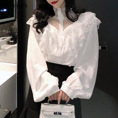 Spring White Blouse Women 2021 Fashion Lace Long Sleeve Office Ladies Tops Blouses Femme Ruffles Loose Casual Shirt Blusas 10783