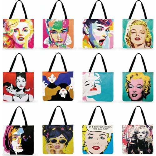 Ladies Shoulder Bag Pop Printed Tote Bag Monroe And Hepburn Casual Foldable Shopping Bag Linen Fabric Bag Outdoor Beach Bag