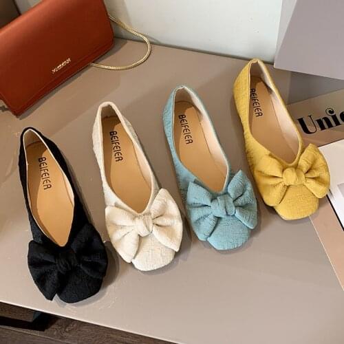 Spring Autumn Women Ballet Flats Big Bow Slip on Shoes Jacquard Fabric Boat Shoe Square Toe Comfortable Woman Shoe Yellow 9315G