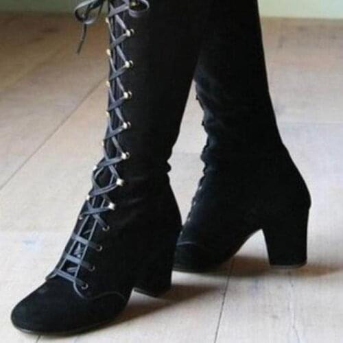 2021 Black Boots Women Shoes Knee High Women Casual Vintage Retro Mid-Calf Boots Lace Up Thick Heels Shoes