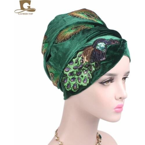 New Elegant Sequined Peacock Embroidery Extra Long Velvet Turban Head Wrap Nigerian Turban Stylish Head Scarf Women Africa Hijab