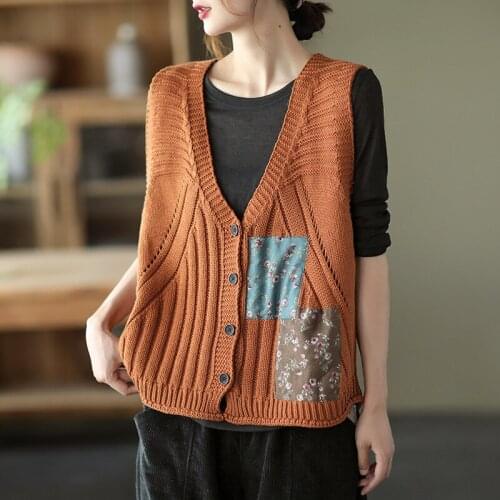 QPFJQD Ladies Hollow Out Knitted Vest V-neck Retro Button Patch Spring Autumn Women Loose Sleeveless Cardigan Sweater