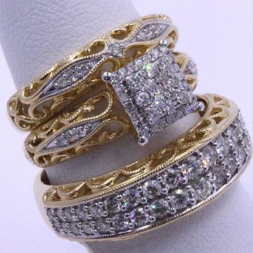 2021 Hot 3 Pcs/Set Luxury Gold Color Hollow Engagement Rings For Women Trendy Zircon Female Jewelry Wedding Valentine Party Gift