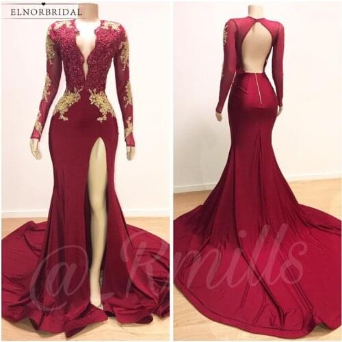 Vintage Burgundy Mermaid Evening Dresses 2020 Robe De Soiree Long Sleeve Formal Gowns Women Backless Special Occasion Dress