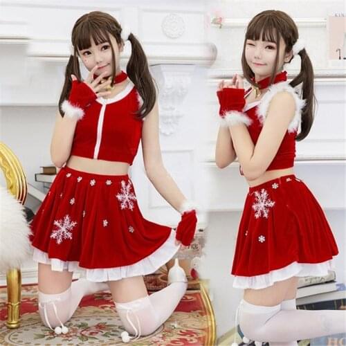 Winter Red Velvet Holiday Dress Sexy Santa Claus Christmas Cosplay Costumes Sleeveless Tops Skirts Xmas Party Waitress Uniform