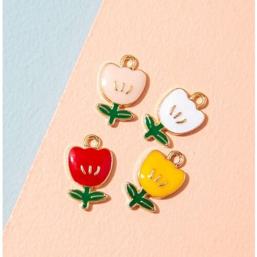 10Pcs Enamel Silver Red Tulip Flower Charms Pendant for Jewerly DIY Making Bracelet Women Earrings Necklace Accessories Findings