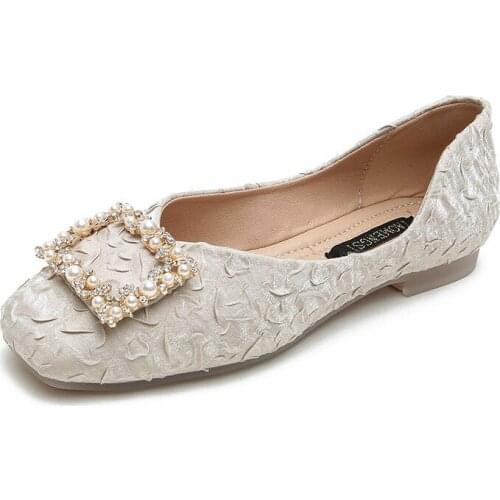 2021 Temperament Square Buckle Snowflake Rhinestone Pressed Satin Shallow Mouth Square Toe Metal Single Shoe Flat Scoop Shoes