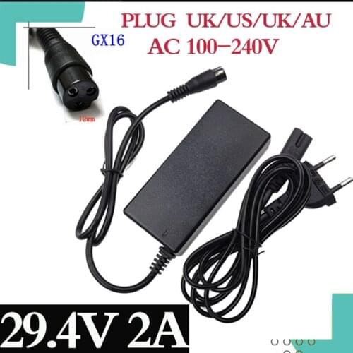 29.4V 2A charger for 24V 25.2V 25.9V 29.4V 7S lithium battery pack 29.4V recharger e-bike charger 3-Prong Inline Connector M16