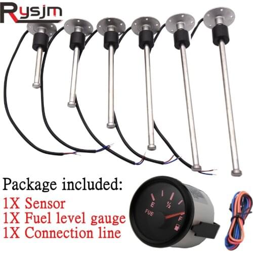 52MM Marine Boat Fuel Level Gauge 0-190ohm With Fuel Sensor 100/125/150/225/300/400/600mm Include Connection Line 9-32V