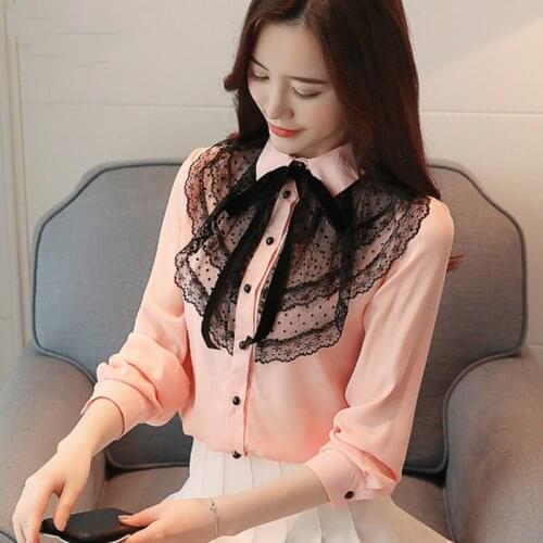 Moda manga comprida chiffon blusa elegante camisa de chiffon feminino 2018 novas rendas coreano tops roupas femininas