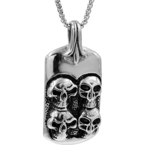 Present hiphop stainless steel men dog tag 4 skull necklaces for soldier heavy skeleton pendant silver color V P1260