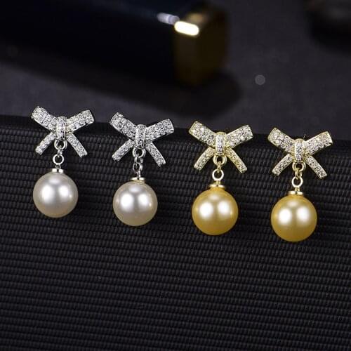 Romantic Bowknot Wedding Stud Earrings Shiny Micro Crystal Butterfly Imitation Pearl Elegant Bridal Piercing Earring Jewelry
