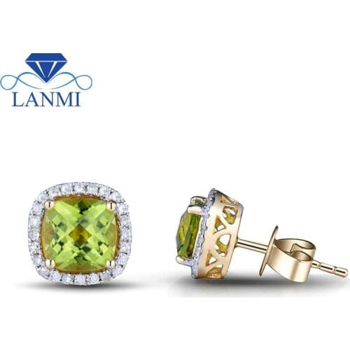 Natural Gemstone Jewelry Cushion 6x6mm Peridot Solid 14kt Yellow Gold Prong Stud Earrings for Women E0053