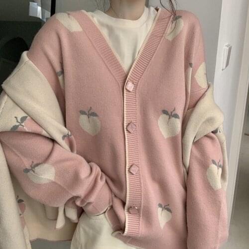 Sweater Cardigan Cute Pink Sweaters Women Peach Cardigans Knit Oversized Tops 2021 Korean Autumn Long Sleeve Pull Femme
