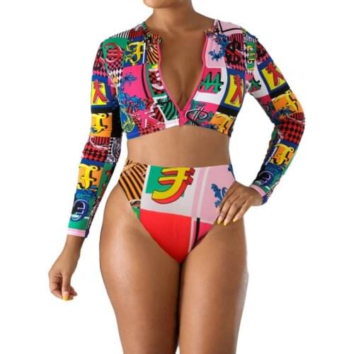 Womens Sexy Two Piece Split Bikini Suits Personality Printing Zipper Open Top and High Waist Thong Beach Wear