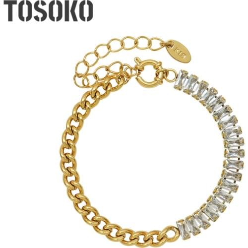 TOSOKO Stainless Steel Full Zircon Bracelet Womens Splicing Thick Chain Fashion Bracelet BSE258