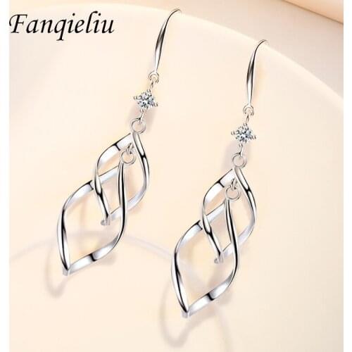 Fanqieliu Birthday Gift Double Layer Leaf Luxury Crystal Long 925 Sterling Silver Drop Earrings For Women FQL21280