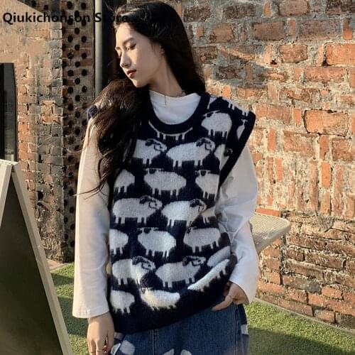 Cute Cartoon Sheep Sweater Vest Women Spring Autumn Korean Chic School Girl Pullovers Knitted Waistcoat pull sans manches femme